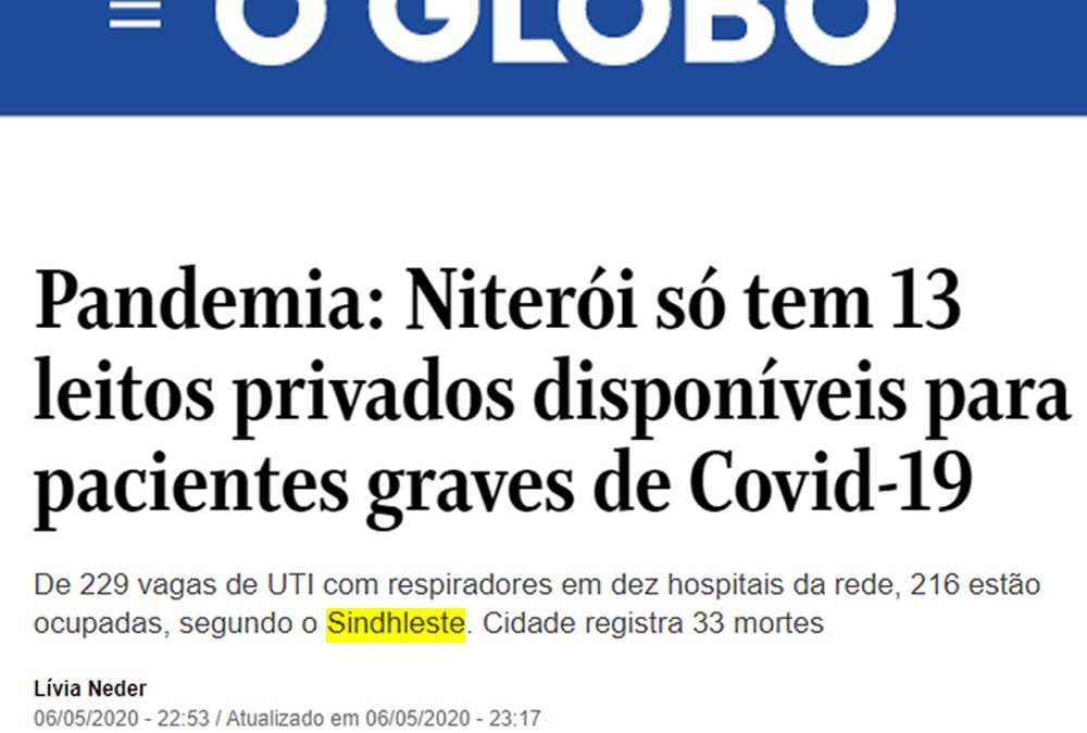 O Globo – Pandemia: Niterói só tem 13 leitos privados disponíveis para pacientes graves de Covid-19